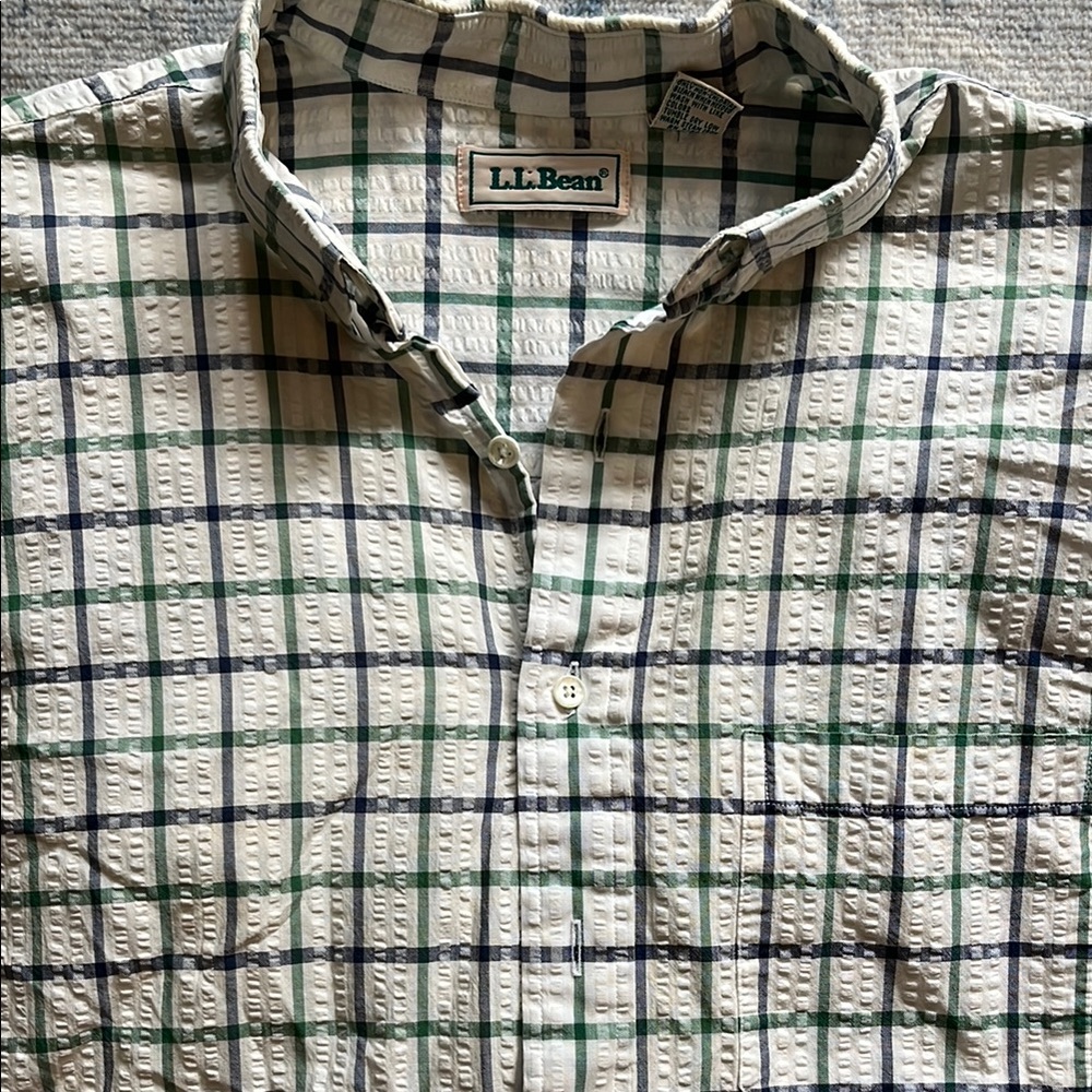 L.L. Bean Men's White, Green, and Blue Plaid Shirt